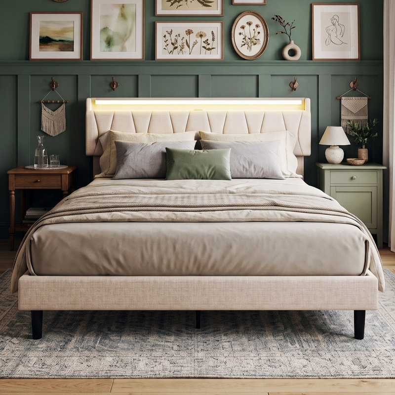 Upholstered Linen Platform Bed, European Kingsize (160 x 200 cm), Beige
