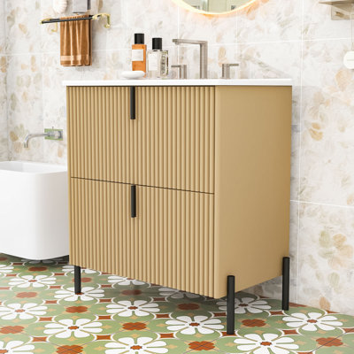 Meuble-lavabo autoportant moderne avec design cannelé, lavabo en céramique brillante et tiroirs à fermeture en douceur