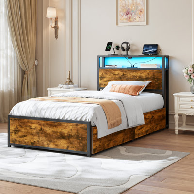 Modern Bed Frame with Headboard, LED Lights & USB Charging Ports
