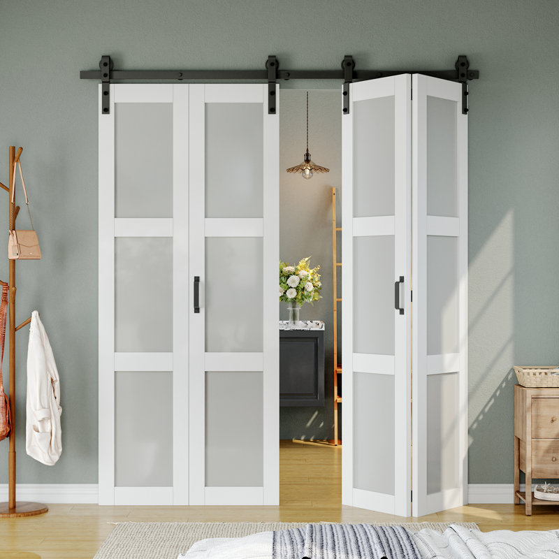 Porte de grange pliante double 84 po H 84 po, porte de placard intérieure en bois manufacturé avec panneaux de verre givré et quincaillerie d'installation