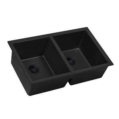 Évier de cuisine à double cuve en granite composite à quartz encastrable 32 x 19 po Ruvati - Noir minuit -