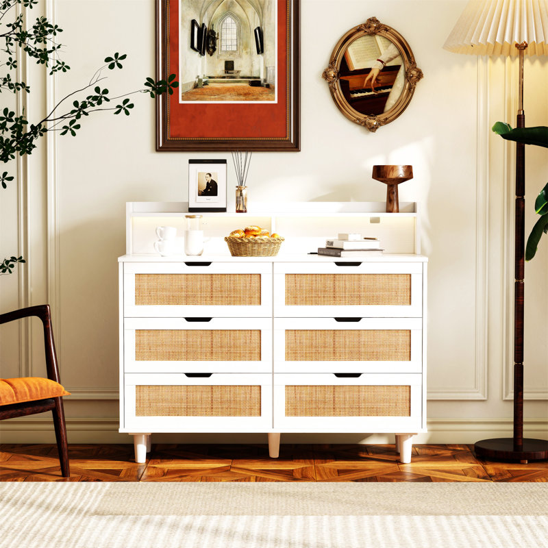 43.31"6-Drawers Rattan Storage Cabinet Rattan Drawer With LED Lights And Power Outlet