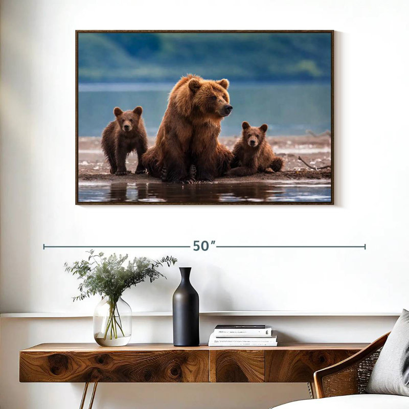 Famille d'ours Kamthatka, Cadre flottant noyer, 40 po x 27 po
