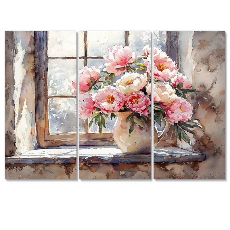 Rustic Romance Peony Bouquet I - Art mural pivoines - 3 panneaux, H 28 po x l 36 po, Toile tendue, Ne s’applique pas
