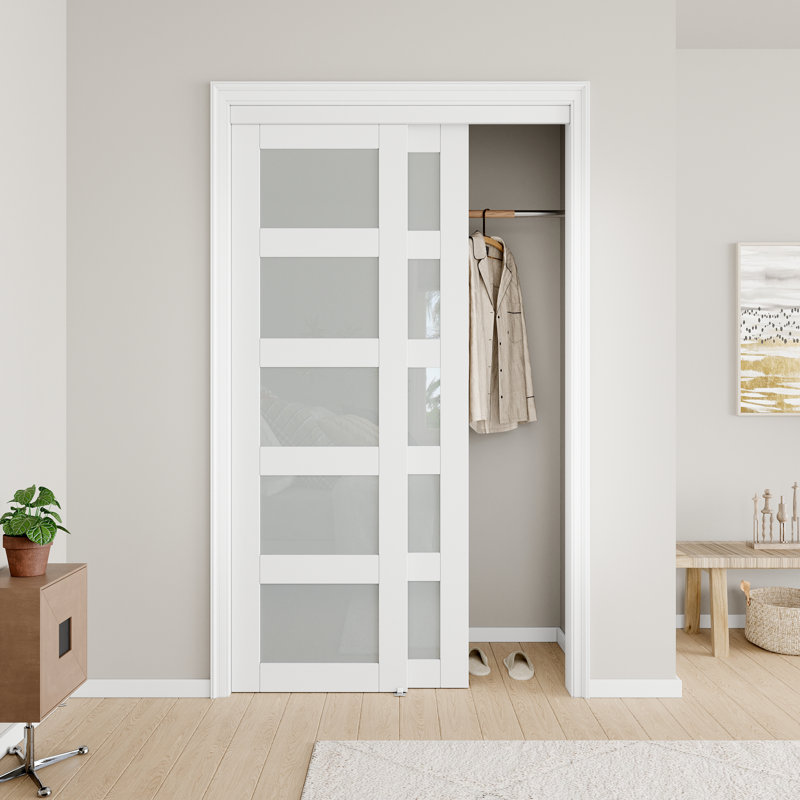 Porte coulissante 60 po x 80 po à panneaux en verre givré blanc avec ensemble de quincaillerie d'installation et porte coulissante 