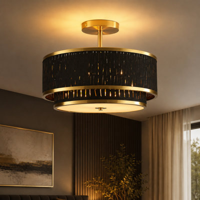 Plafonnier semi-encastré 3 lumières en lin moderne avec abat-jour profilé en tissu près du plafond pour vestibule de chambre à coucher