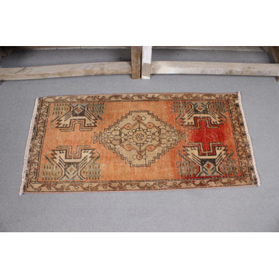 Vintage Turkish Rug In Orange And Red Tribal Design Handwoven Wool Ideal For Stylish Door Mat