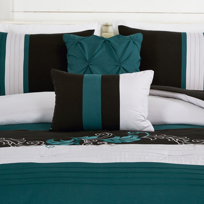 Teal and Black Floral Embroidered Microfiber Queen Comforter Set