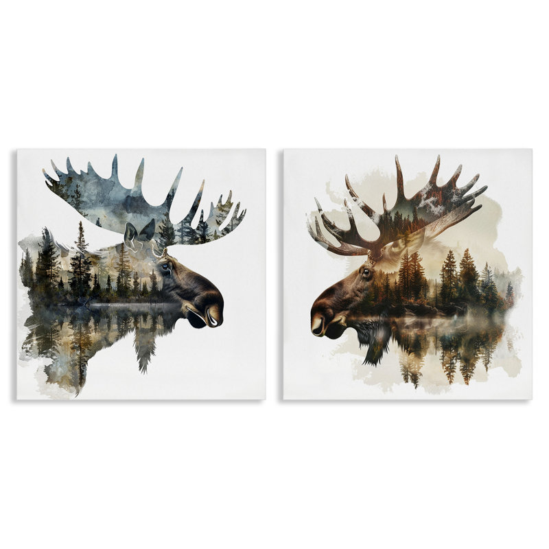 "Woodland Moose Forest Silhouettes", ensemble de 2 toiles murales par LSR Design Studio, H 17 po x l 17 po