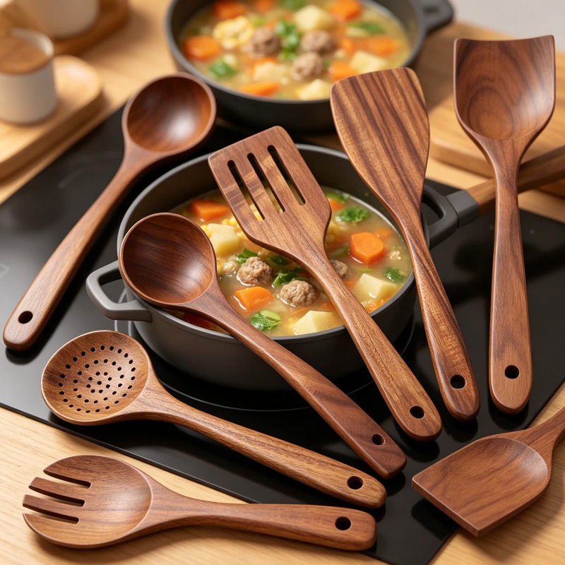 Ensemble d'ustensiles de cuisine en bois 6 pièces pour la cuisson - cuillères, spatules et fourchette à salade en bois naturel - Outils résistants à la chaleur pour batterie de cuisine antiadhésive à finition lisse