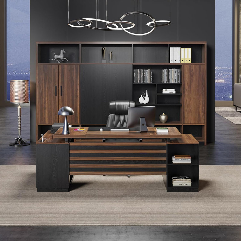 78-Inch L-Shaped Executive Desk Large Office Desk With Power Outlet, Drawer Lateral File Cabinet, Modern Computer Table With Open Shelf And Storage Cabinet For Home Office Study, Brown Black