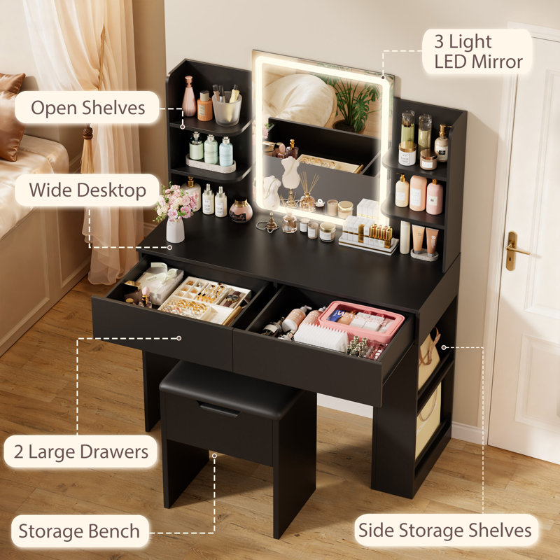 Vanity Desk Set with LED Lighted Mirror & Storage Drawers, Makeup Vanity with Cushioned Stool for Bedroom, Yes, Black