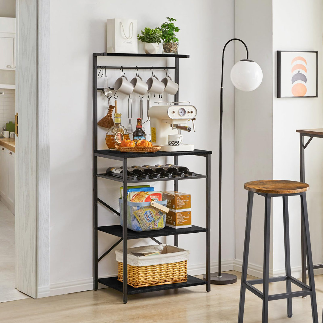 Kitchen Baker's Rack, Microwave Oven Stand with Storage Shelves, Industrial Coffee Bar Station, with Adjustable Wine Holders and S-Hooks