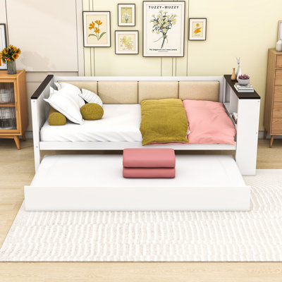 Wood Daybed with Storage Shelves, Built-In USB Charging Station, Twin Trundle