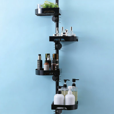 4-Tier Corner Shower Caddy Tension Pole, Adjustable Rustproof Metal, Plastic Shelves With Safety Guardrail, Black