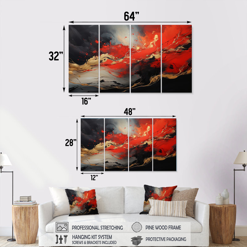 Volcan rouge et doré I - peinture abstraite, art mural 4 pièces, H 32 po x l 64 po