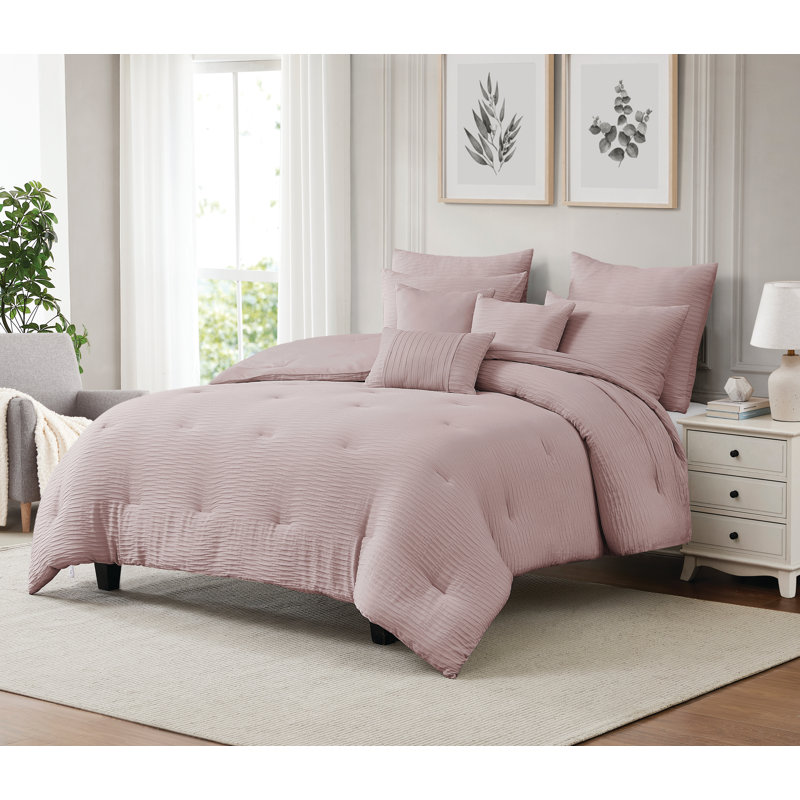 Ensemble d'édredon en microfibre avec coussins décoratifs Bryce Waffle, Rosé, Édredon très grand + 7 articles supplémentaires