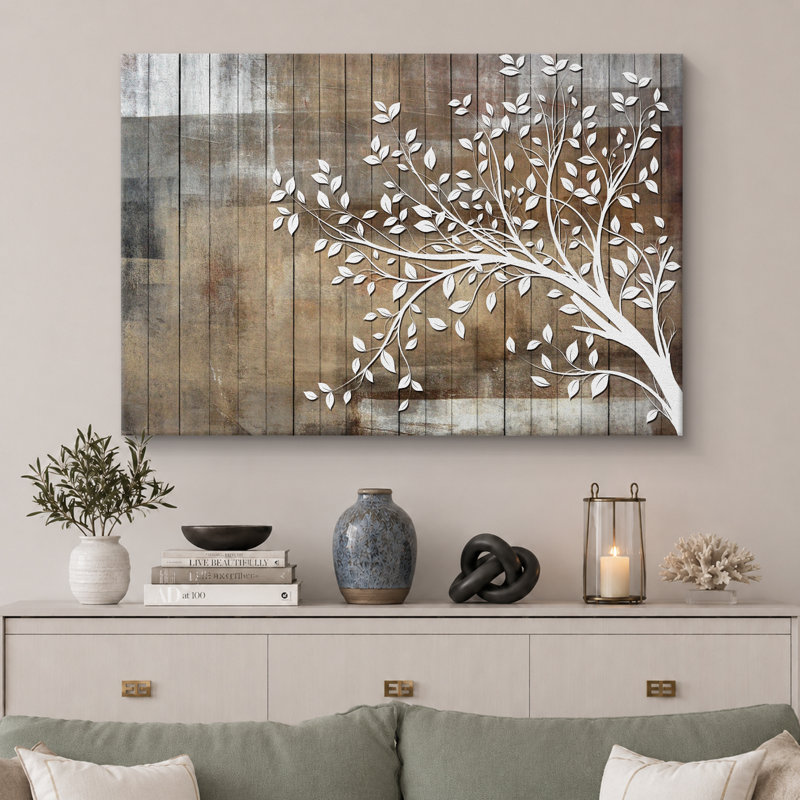 Abstract Tree "White Branch Leaves On Wood Effect Background Artwork, Abstract Neutral Tan Rustic Wall Pictures, Large Framed Canvas Giclee Print Wall Art"