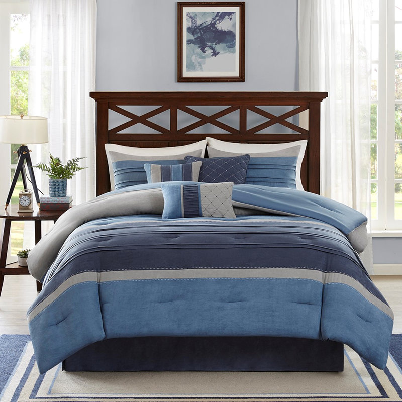 Édredon 7 pièces bleu marine en microsuède avec détails jupe de lit et bourre bleu marine