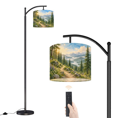 Lampe sur pied arquée avec abat-jour réglable, motif paysage forestier et collines ondulantes, 3 températures de couleur, intensité variable, lampe sur pied avec interrupteur au pied pour chambre à coucher