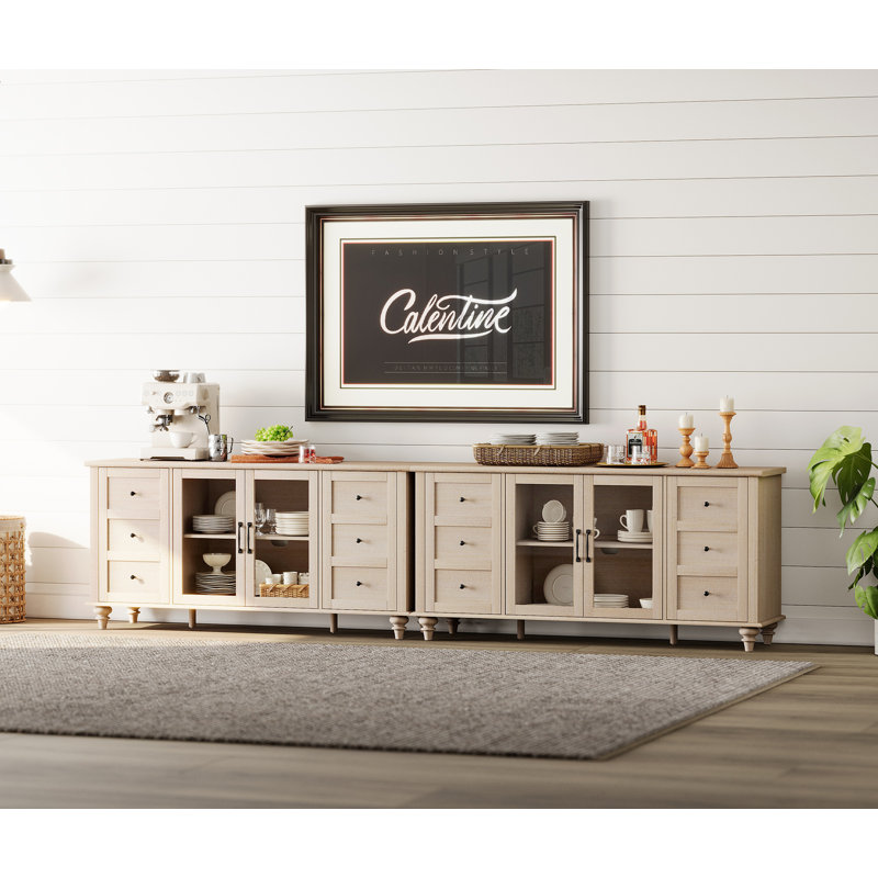 2-In-1 Sideboard Buffet Cabinets With Glass Door, Kitchen Storage Cabinets, Wood Coffee Bar Tables, Light Beige