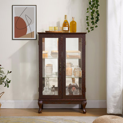 Display Cabinet, Glass, Adjustable Shelves Glass Door 2 Door, Doors Curio With Tempered Doors, Curio Cabinets With Mirrored Back Panel And, Lighted