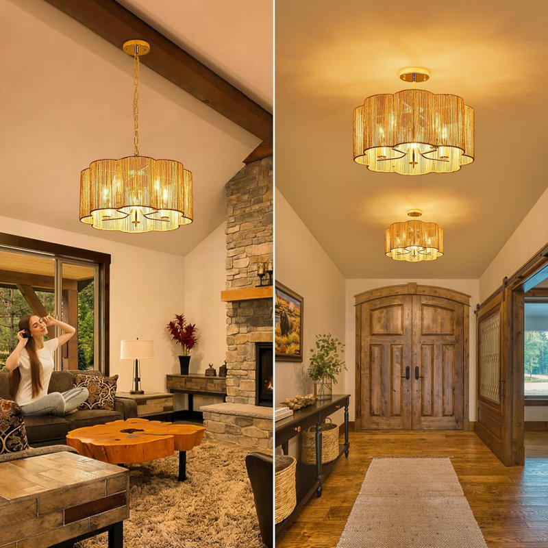 Convertible Linear-Woven Rattan Ceiling Light - Dimmable Flush Mount/Pendant With Adjustable Chain And Rod For Kitchen Island & Dining Room