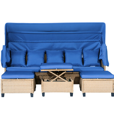 - Patio en résine résistante en bleu, compact pour les terrasses extérieures, coussins inclinables, de rangement et en mousse très réglables