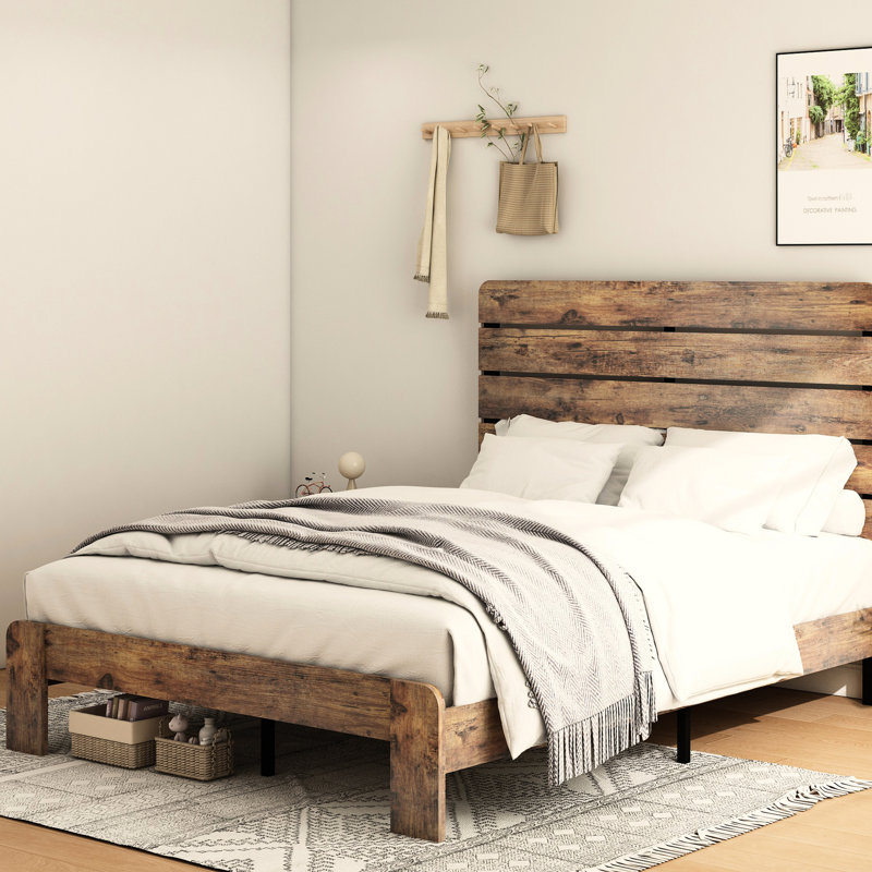 Structure de lit plateforme en bois brun foncé, avec options de rangement sous le lit substantielles, assemblage silencieux et simple, pas de sommier pour grand lit, fabrication silencieuse, ressort, facile à assembler, amplement inférieur