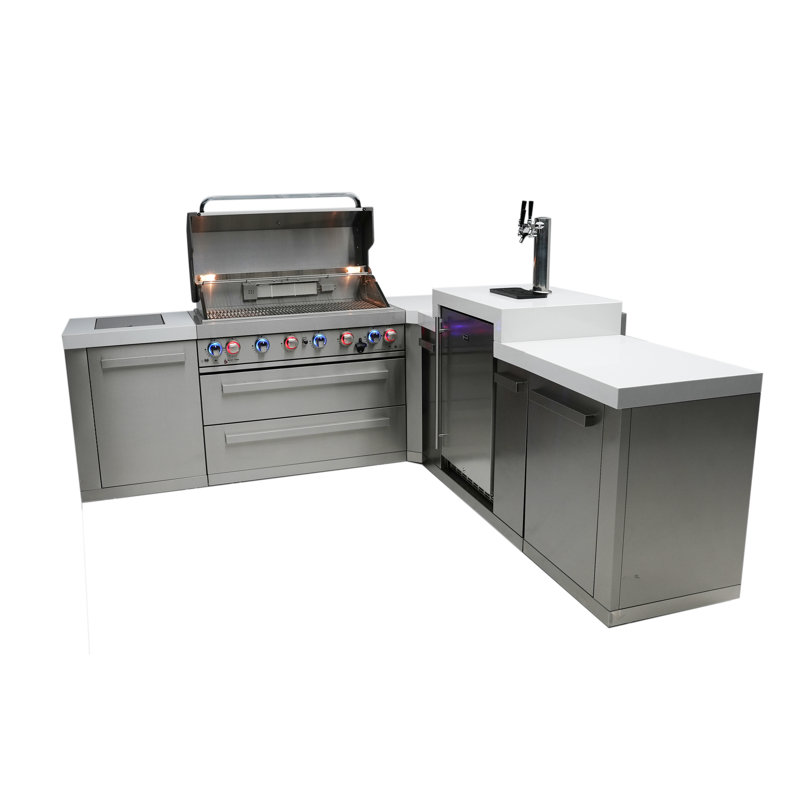 Îlot de cuisine en forme de L en acier inoxydable avec distributeur de bière Kegerator à 3 robinets + barbecue à 6 brûleurs de 44 po + comptoirs en granite + armoires de rangement + tiroirs + gaz naturel Mont Alpi Premium l 94 po x P 98 po x H 55 po Convertible + garantie à vie