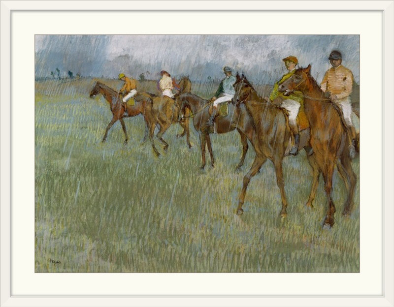 Jockeys in the Rain, c.1886 par Edgar Degas - reproduction, H 25 po x l 32 po x P 1 po, Cadre blanc