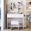 Table de meuble-lavabo à miroir rond de 17 po à DEL, luminosité réglable en 3 couleurs, interrupteur tactile, 2 prises AC + 1 de type C intégrées, grand miroir, rangement de grande capacité, conception américaine, configuration blanche avec