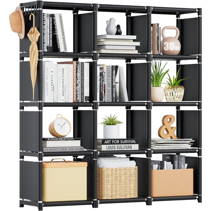 Organisateur de rangement 12 cubes, bibliothèque de bricolage, bibliothèque en métal, bibliothèque haute pour chambre à coucher, salon, bureau, placard, étagère à casiers noirs