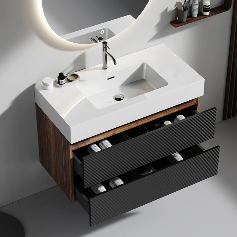Meuble-lavabo pour salle de bain en noyer de 36 po mural avec lavabo blanc brillant et bibliothèque noire