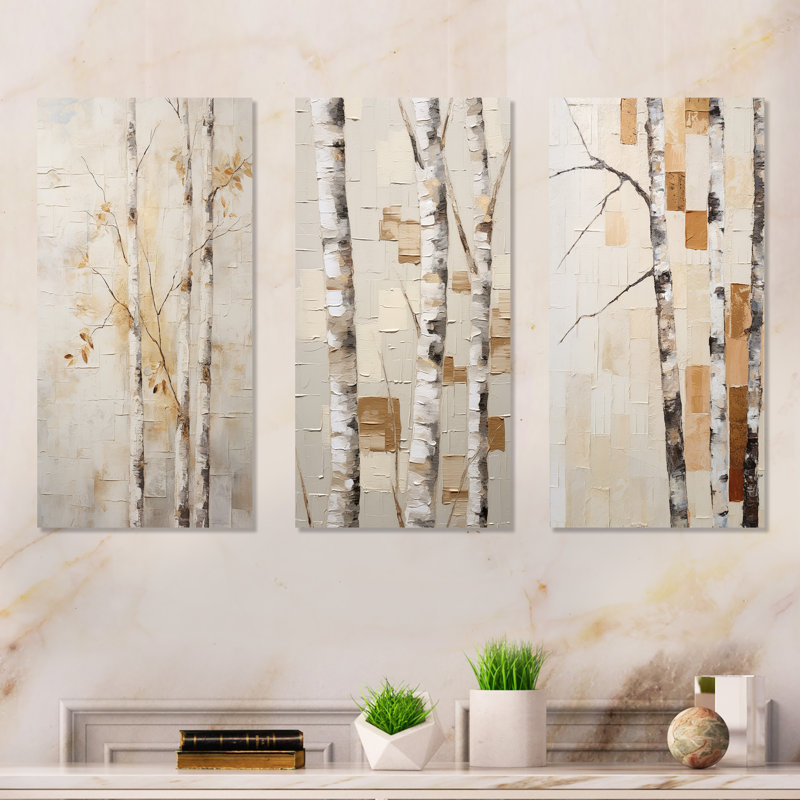 Beige Minimalism Tree Birch - Tree Birch Metal Wall Art Living Room Set Of 3, 28" H x 36" W