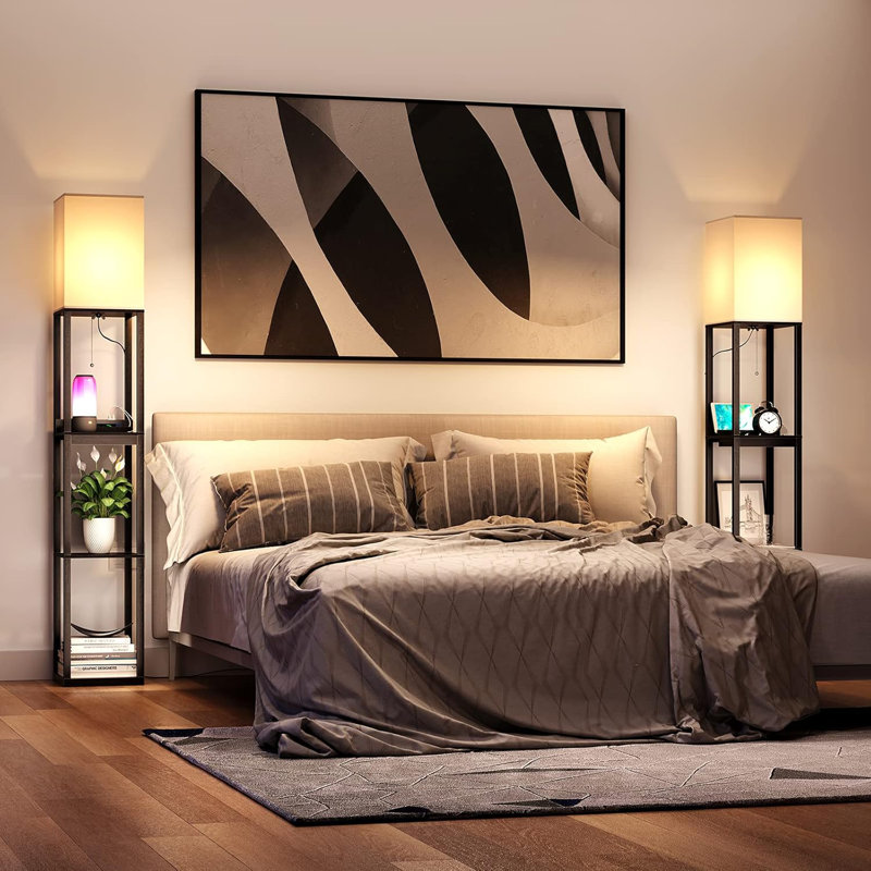 Modern Dimmable Floor Lamp With Shelves, Drawer, USB Ports & Power Outlets, Solid Wood Standing Bookshelf Lamp For Living Room And Bedroom