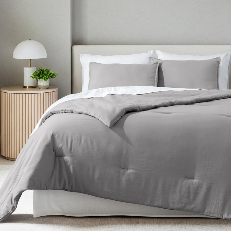 Ensemble d'édredon en duvet synthétique, Gris clair, Édredon très grand lit californien + 2 taies dé