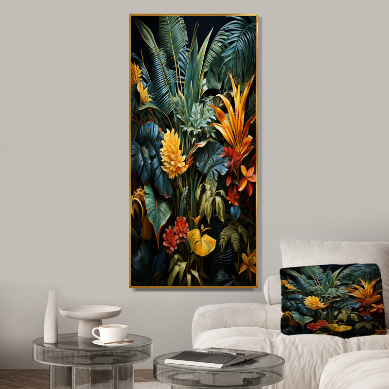 Mystic Tropical Flowers Composition - Fleurs saisonnières, Cadre flottant doré, 44" H x 34" W