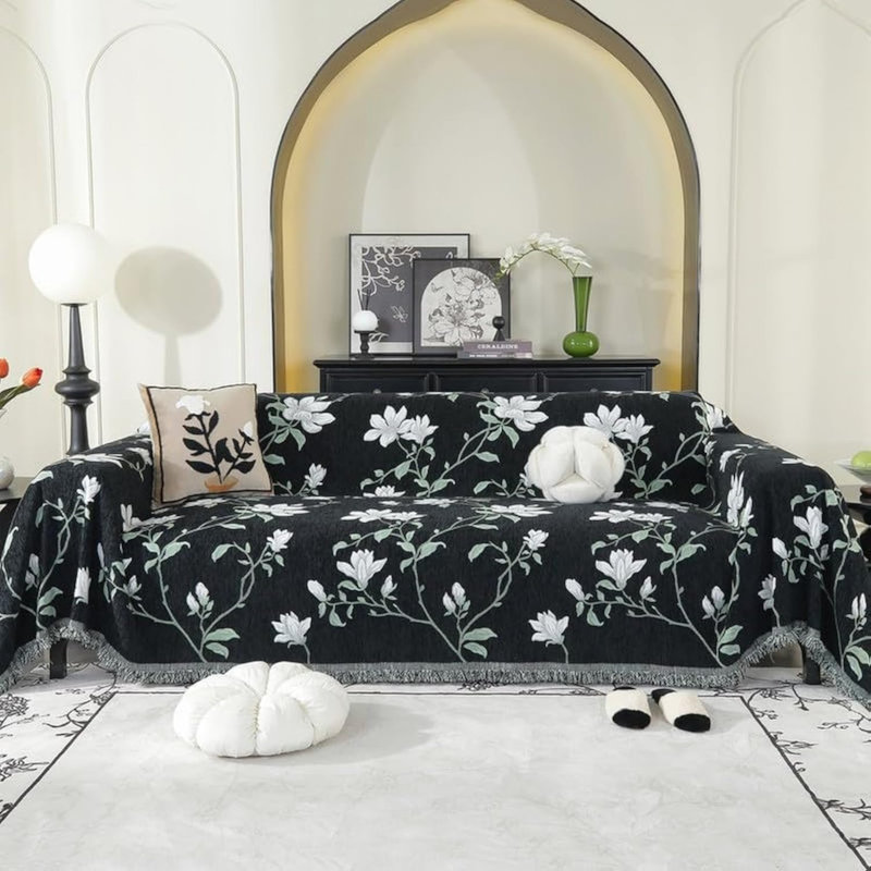 Cotton Box Cushion Sofa Slipcover, Black/Green/White Floral