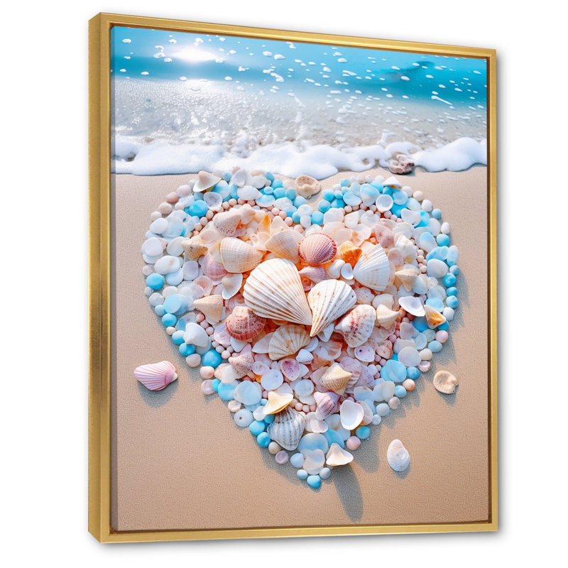 «Pink and Turquoise Heart On The Beach», reproduction sur toile, H 44 po x l 34 po x P 1,5 po, Cadre flottant doré