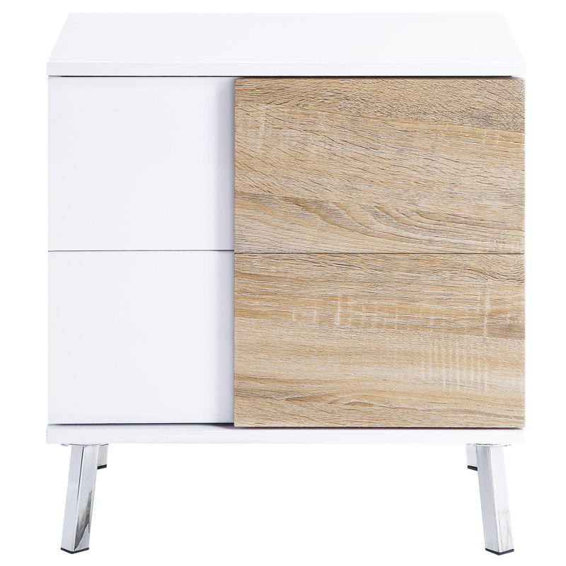 Table de bout moderne blanche et naturelle avec 2 tiroirs pour le rangement du salon