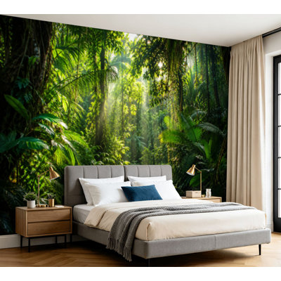 Papier peint adhésif autocollant à motif d'arbres tropicaux et soleil amovible Jungle