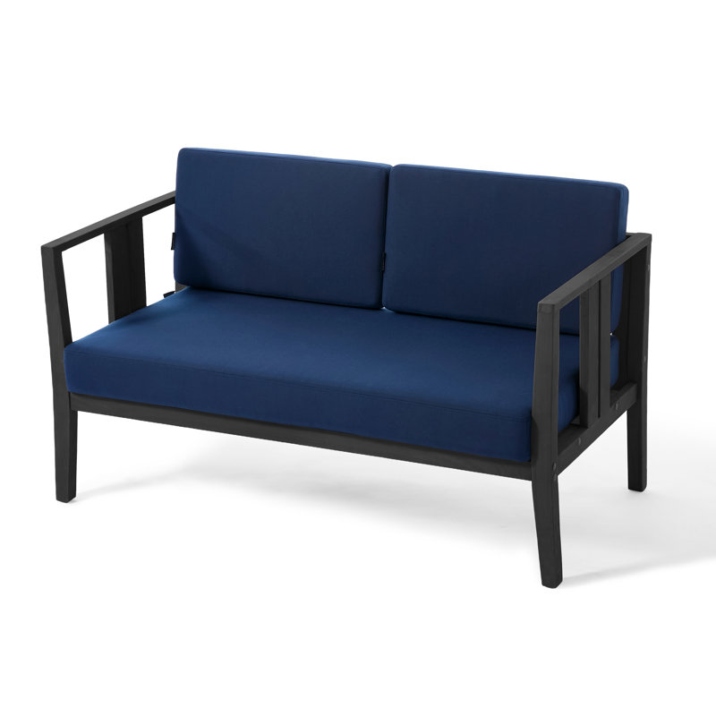 Causeuse d'extérieur en bois de teck avec coussin et accoudoirs Junco, Marine, Noir