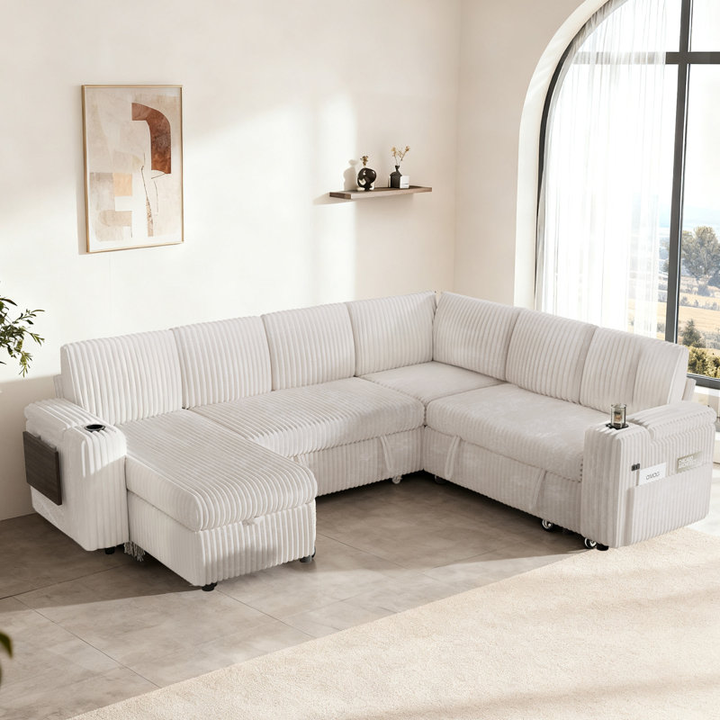 110" Modular Sectional Pull-Out Sofa With Side Table, Cupholders, Charging Ports, Beige