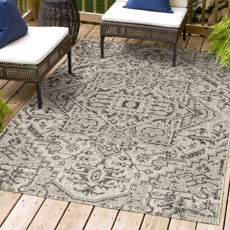 Tapis intérieur / extérieur noir / gris Truman Bohemian Medallion, Rectangle 10 pi x 14 pi