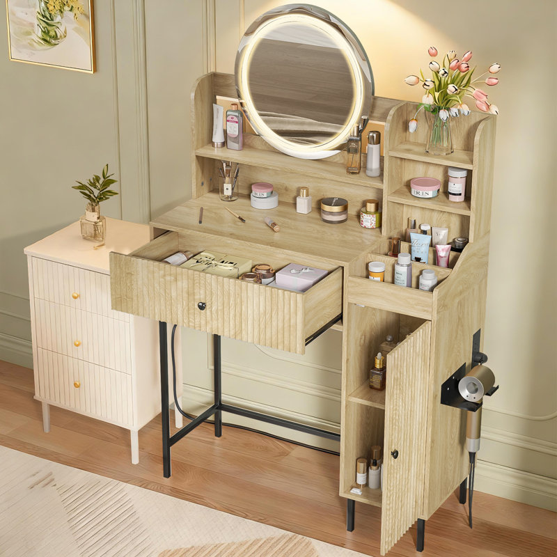 Reseta Makeup Vanity Desk with LED Light Mirror, Drawer, USB Power Outlet, Wood