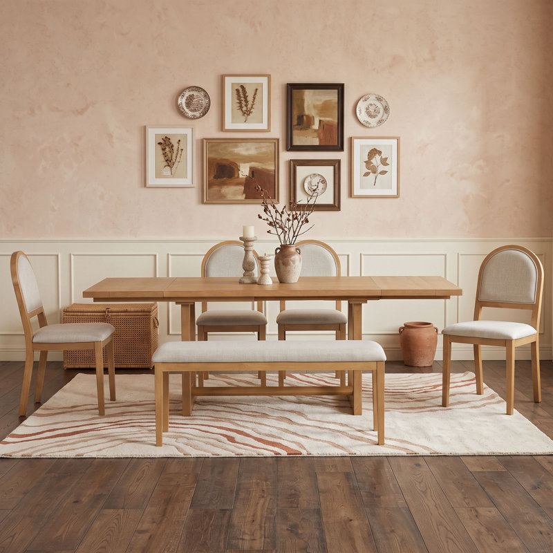 Ensemble de salle à manger extensible 6 pièces avec quatre chaises rembourrées et un banc, Natural