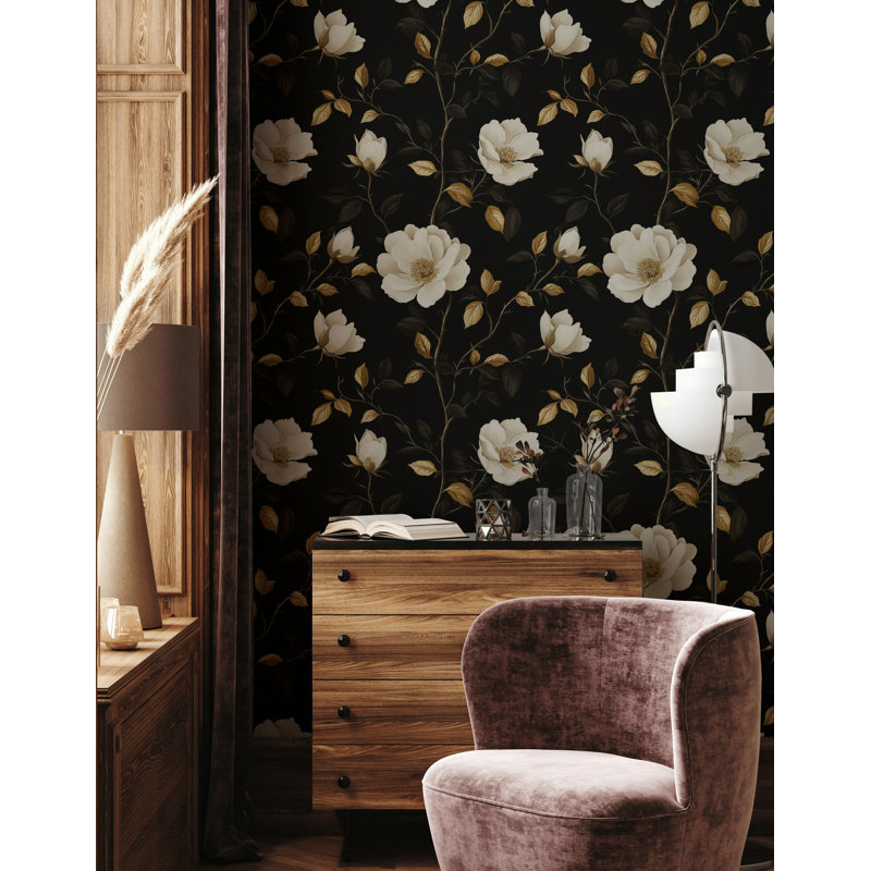 Papier peint à motif floral blanc et doré | Élégante murale à fond noir pour un décor botanique luxueux