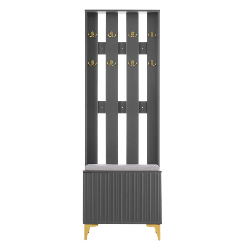 Modern Luxury 4-In-1 Hall Tree With Cushion, Versatile Coat Rack With 8 Gold Hooks And Legs, Entryway Bench With Adjustable Shelves & Fluted Doors For Hallway, Living Room