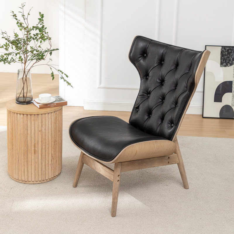 Jeyshan Upholstered Tufted Wingback Chair, Black Faux Leather
